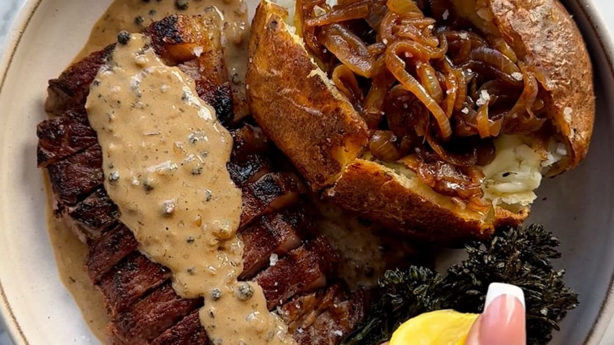 Steak with Peppercorn Sauce, Cheesy Garlic Butter Jacket Potato & Recipe